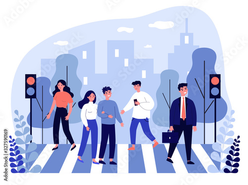 Pedestrians crossing city street at traffic lights. Office people walking across avenue. Vector illustration for road, city, lifestyle, crosswalk concept
