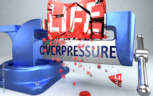 Overpressure can ruin and destruct life - symbolized by word Overpressure and a vice to show negative side of Overpressure, 3d illustration photo