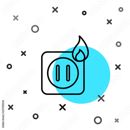 Black line Electric wiring of socket in fire icon isolated on white background. Electrical safety concept. Plug outlet on fire. Random dynamic shapes. Vector Illustration