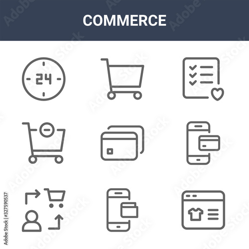 9 commerce icons pack. trendy commerce icons on white background. thin outline line icons such as online shopping, online payment, shopping cart . commerce icon set for web and mobile.