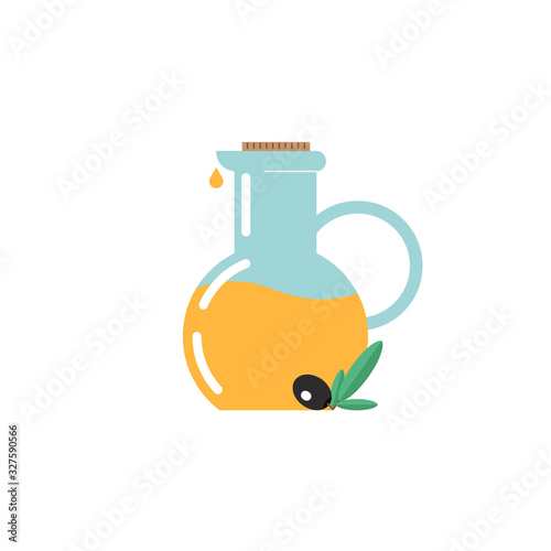 Bottle of olive oil and branch with leaves. Mediterranean food element. Olive oil icon. Concept of italian food, mediterranean cuisine, keto diet. Vector illustration in flat design