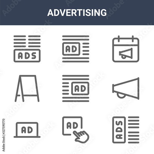 9 advertising icons pack. trendy advertising icons on white background. thin outline line icons such as ads, broadcast, ads . advertising icon set for web and mobile.