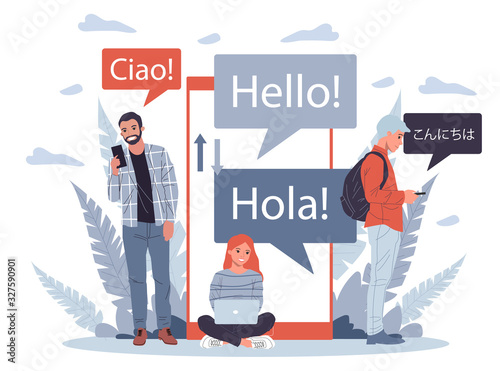 Online multi language translator flat vector illustration. Smartphone with translation app. People learning foreign language via mobile service concept.