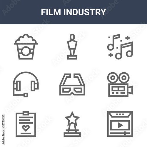 9 film industry icons pack. trendy film industry icons on white background. thin outline line icons such as play, videocamera, oscar . film industry icon set for web and mobile.