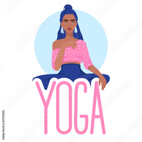 Young girl in the lotus position and Yoga inscription.