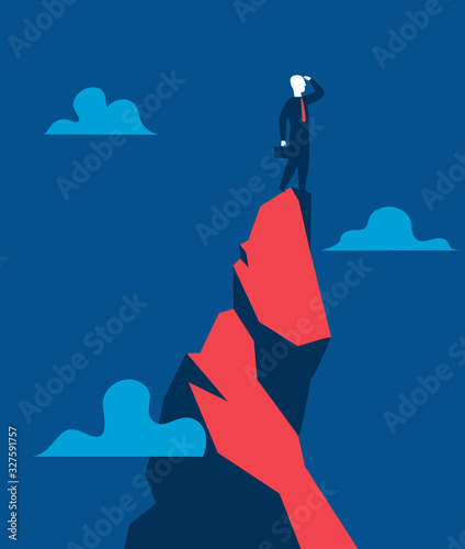 Uomo d'affari su un picco di montagna cerca di vedere sopra l'orizzonte - illustrazione vettoriale photo