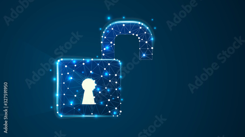 Opened padlock with long light shadow from the keyhole. Raster illustration consisting of points, lines, and shapes.