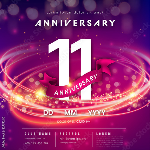 11 years anniversary logo template on purple Abstract futuristic space background. modern technology design celebrating numbers with Hi-tech network digital technology concept design elements.