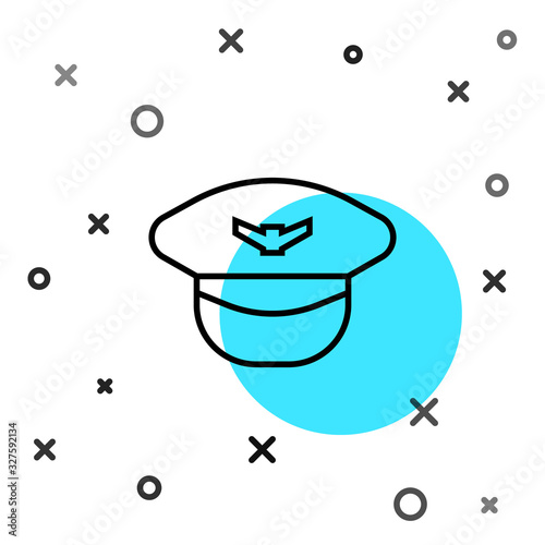 Black line Pilot hat icon isolated on white background. Random dynamic shapes. Vector Illustration