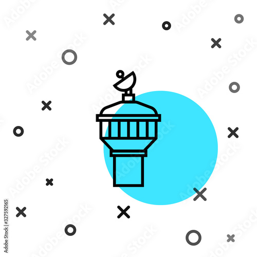 Black line Radar icon isolated on white background. Search system. Satellite sign. Random dynamic shapes. Vector Illustration