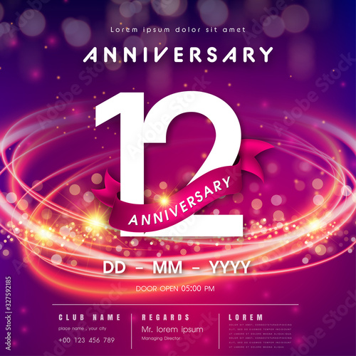 12 years anniversary logo template on purple Abstract futuristic space background. modern technology design celebrating numbers with Hi-tech network digital technology concept design elements. photo