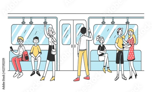 People using subway flat vector illustration. Men and women in public transport. City dwellers in metro, tube or underground train. Public transportation and rapid travelling concept.