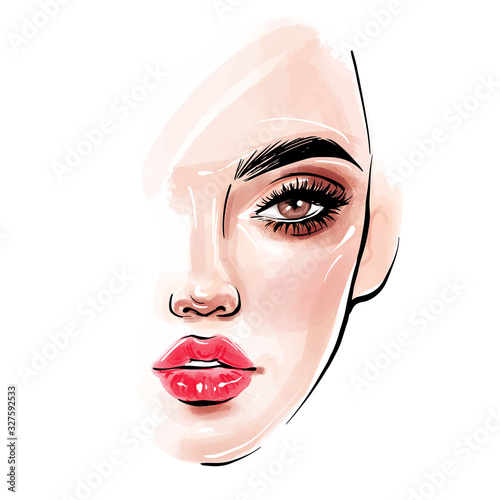 Tablou canvas Vector beautiful woman face. Girl portrait with long black lashes