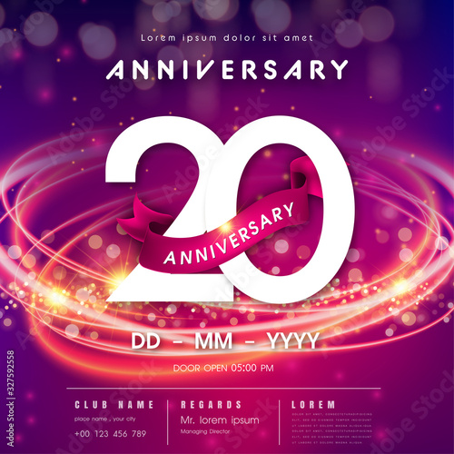 20 years anniversary logo template on purple Abstract futuristic space background. modern technology design celebrating numbers with Hi-tech network digital technology concept design elements.