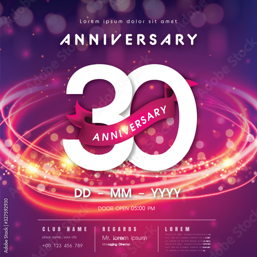 30 years anniversary logo template on purple Abstract futuristic space background. modern technology design celebrating numbers with Hi-tech network digital technology concept design elements.