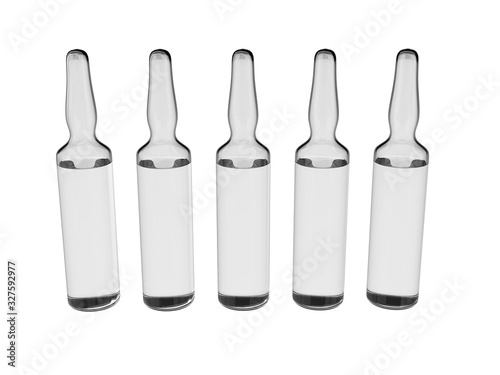 Glass ampoules isolated on white. Scattered ampoules with medicine. Medical ampoules close up.