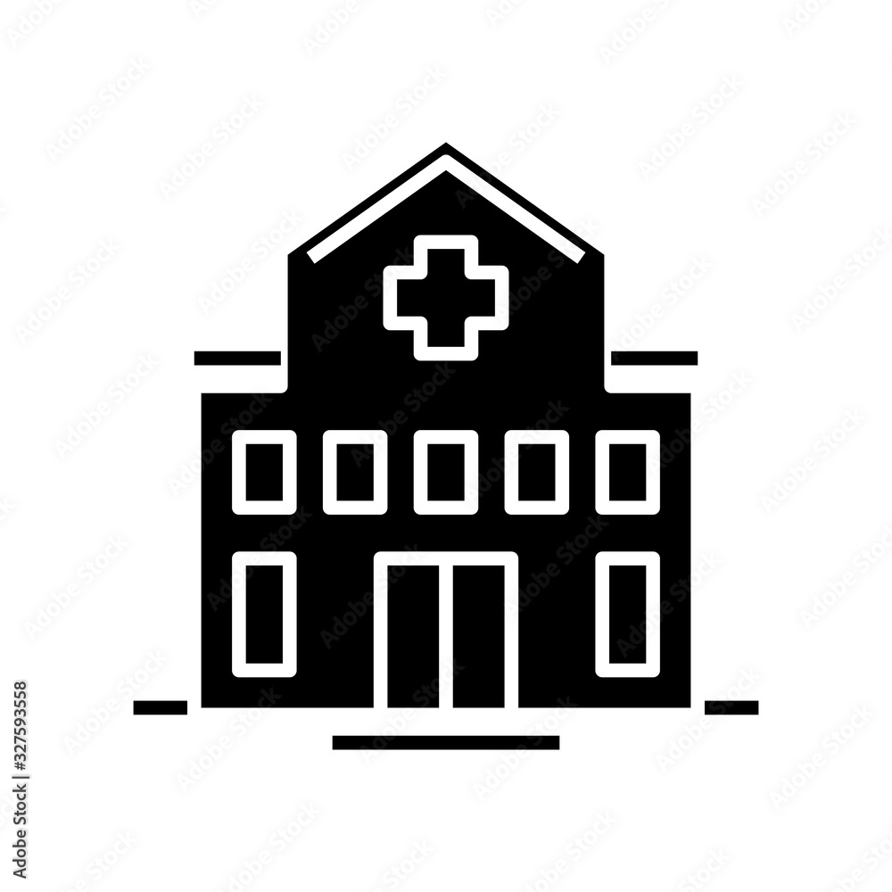 Hospital building black icon, concept illustration, vector flat symbol, glyph sign. Hospital building black icon, concept illustration, vector flat symbol, glyph sign.