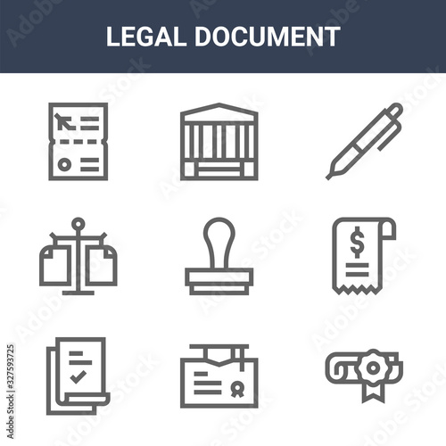 9 legal document icons pack. trendy legal document icons on white background. thin outline line icons such as contract, receipt, court . legal document icon set for web and mobile.