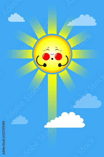 A midday sun is pushing and emites rays of light and heat. Cute illustration, vector vertical orientation