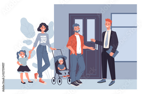 Family buying new house. Young couple with kids renting apartment flat vector illustration. Real estate, mortgage, property purchase concept for banner, website design or landing web page
