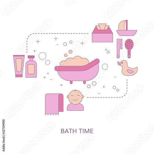 Baby bath time concept with baby care icons.