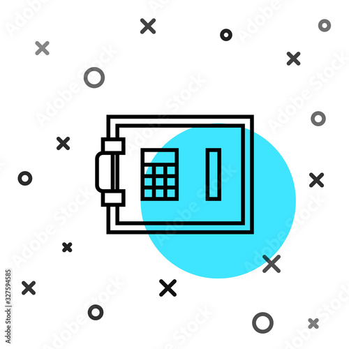 Black line Safe icon isolated on white background. The door safe a bank vault with a combination lock. Reliable Data Protection. Random dynamic shapes. Vector Illustration