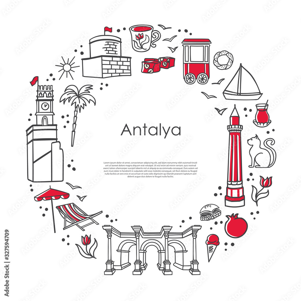 Fototapeta premium Modern vector illustration Antalya, Turkey. Famous Turkish landmarks and symbols in the round composition on white background. Trendy line elements in the circle frame. Travel and souvenir card design
