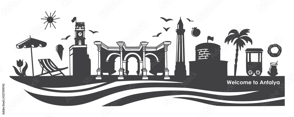 Fototapeta premium Ilustracja wektorowa Witamy w Antalyi. Poziomy baner ze słynnymi tureckimi zabytkami. Obraz panoramę z symbolami Turcji. Czarna sylwetka atrakcji miasta do projektowania podróży.