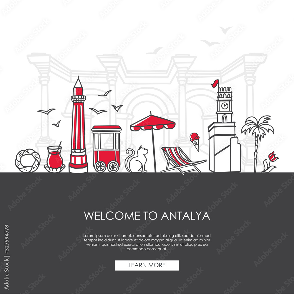 Welcome to Antalya. Modern vector illustration of famous symbols of the Turkish resort. Clock Tower, Minaret, Hadrian gate. Travel to Turkey web banner and landing page design.