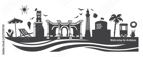 Vector illustration Welcome to Antalya. Horizontal banner with famous Turkish landmarks. Skyline image with symbols of Turkey. Black silhouette of the city attractions for travel design.