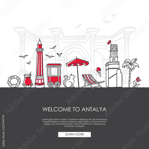 Welcome to Antalya. Modern vector illustration of famous symbols of the Turkish resort. Clock Tower, Minaret, Hadrian gate. Travel to Turkey web banner and landing page design.