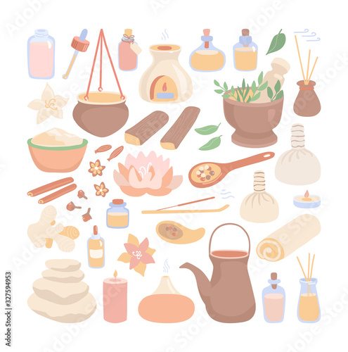 Big set of vector clip art Ayurveda. Hand drawn flat elements on Ayurvedic massage and Shirodhara treatment topic. Collection of spices, essential oil bottles, mortar, pitcher and other equipment.