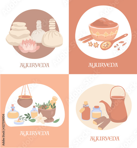 Set of vector illustrations with equipment for Ayurvedic massage and Shirodhara treatment. Hand drawn flat objects on different rectangular backgrounds. Ayurveda card, banner, poster or flier design.
