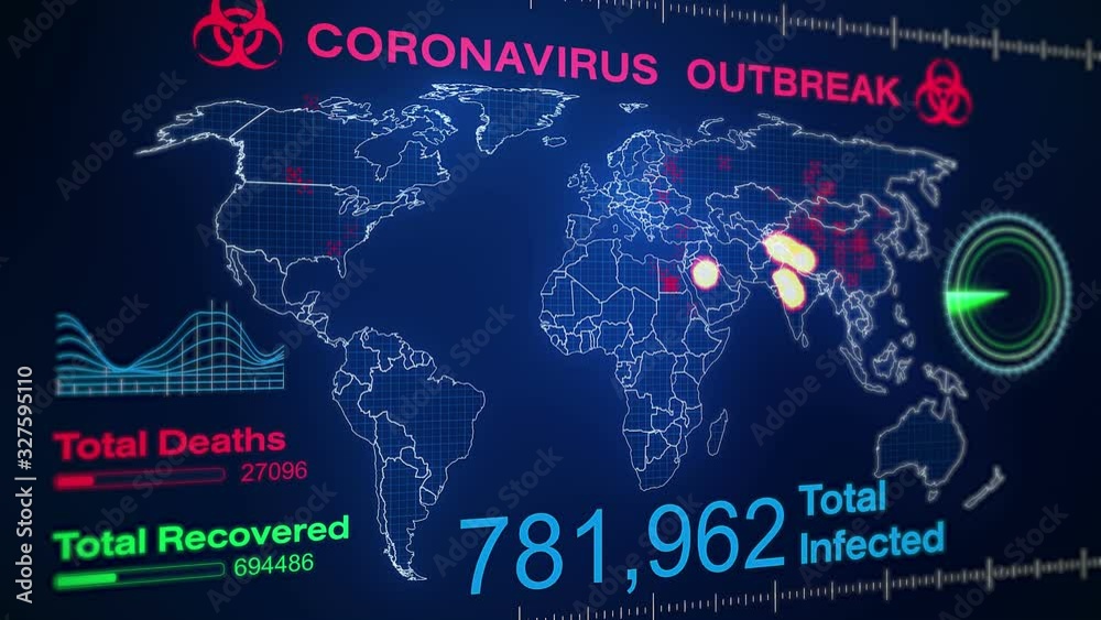 Video animation of a world map showing the outbreak of the coronavirus - with numbers of people infected - screen