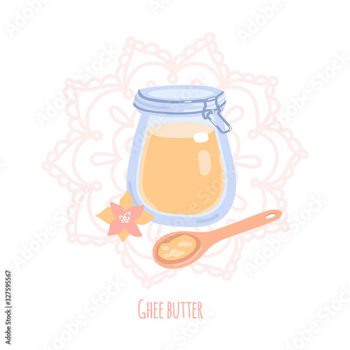 Ghee. Vector illustration of a glass jar with traditional Indian ghee butter and spoon. Cute cartoon objects on circle background with Mehndi ornament. Card, flier, banner design. 
