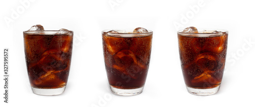 set cola with crushed ice in glass and there is water droplets around, isolated on white background. summer concept. cool black fresh drink