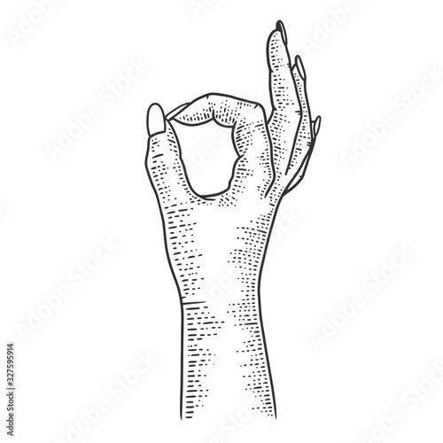 hand okay gesture sketch engraving vector illustration. T-shirt apparel print design. Scratch board imitation. Black and white hand drawn image.