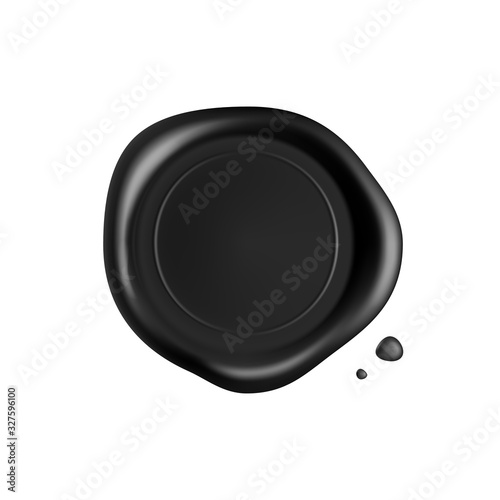 Black wax seal. Black stamp wax seal with drops isolated on white background. Realistic guaranteed stamps. Realistic 3d vector icon