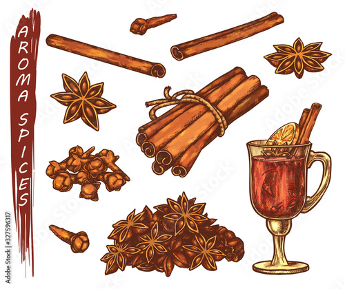 Set of colorful sketches for aroma spices