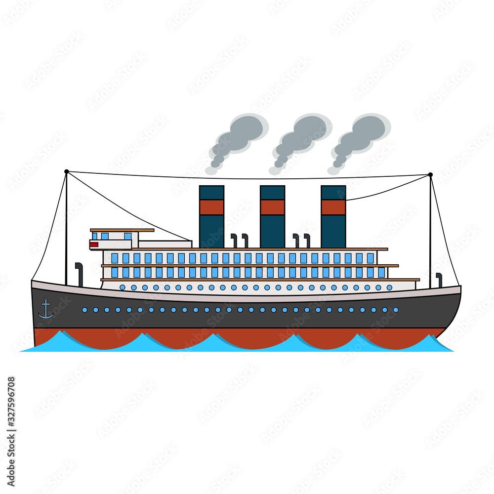 Retro passenger ocean steamboat in cartoon style on white background.