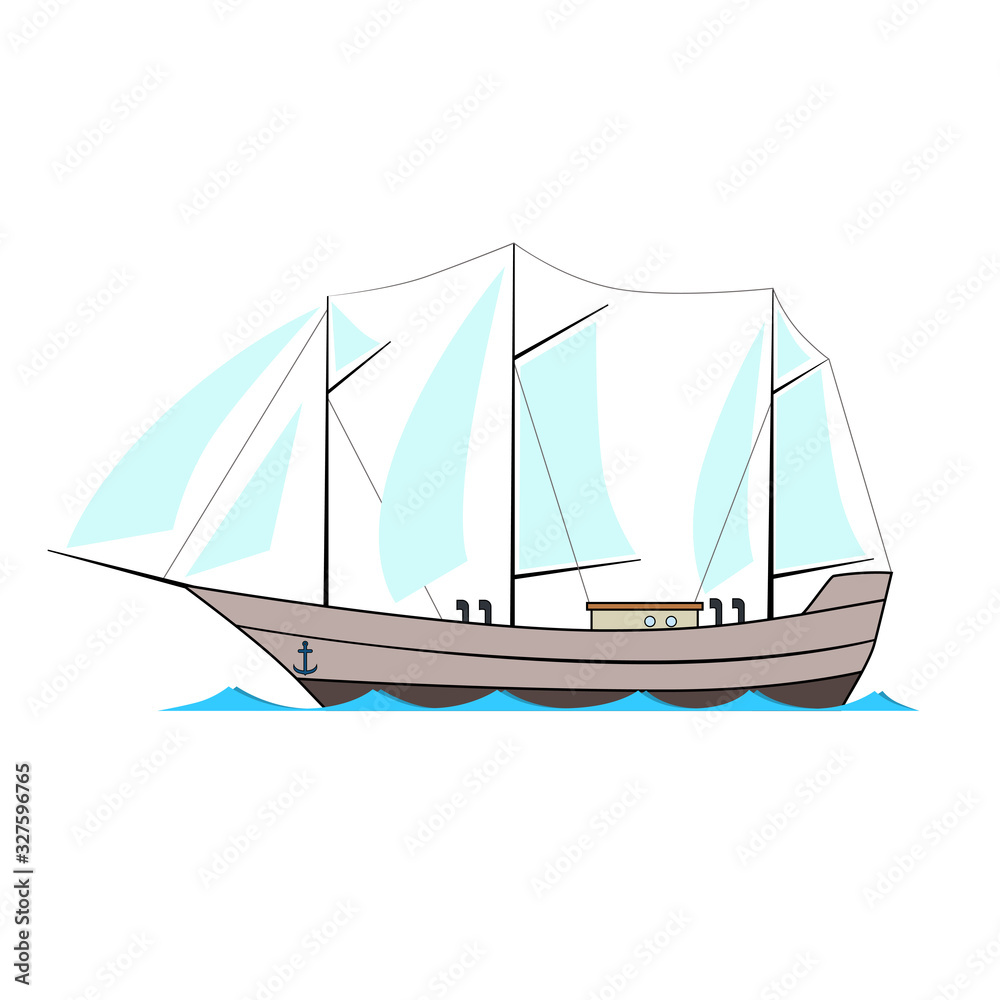 Old sailing ship in cartoon style on a white background.