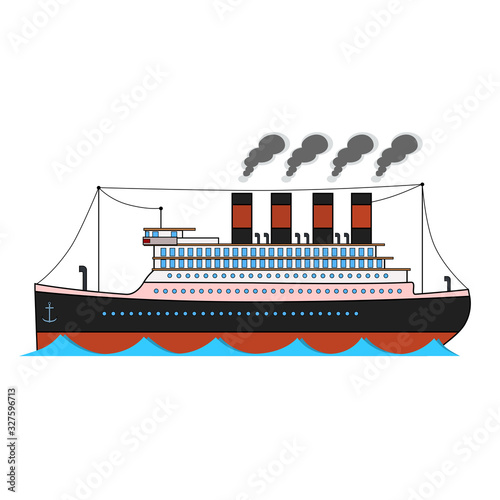 Vintage passenger ocean steamship in cartoon style on white background.