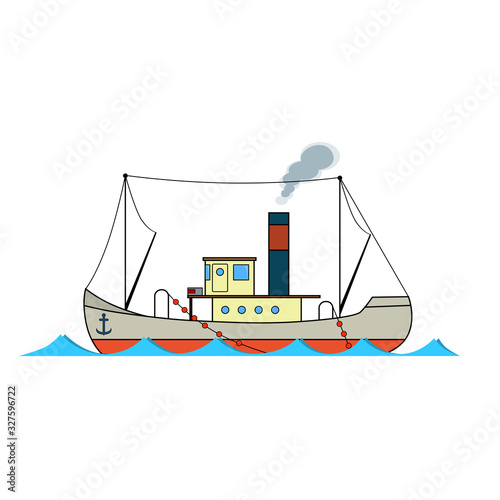 Old fishing steamboat in cartoon style on white background.