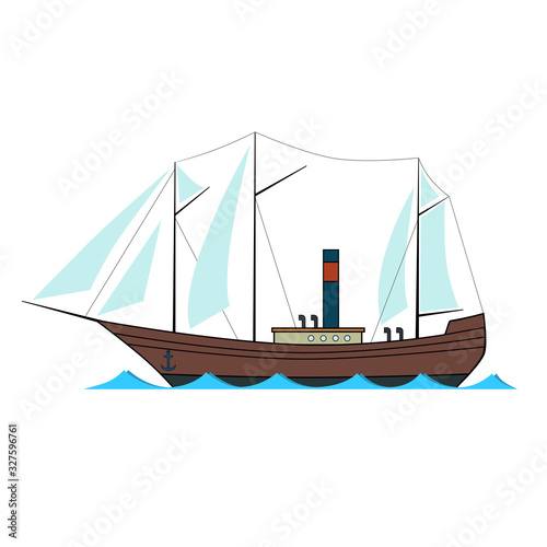 Old sailing steam ship in cartoon style on white background.