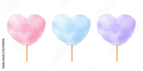 Heart shape cotton candy set. Realistic pink blue purple heart shape cotton candies on wooden sticks. Summer tasty snack for children. 3d vector realistic illustration isolated on white background