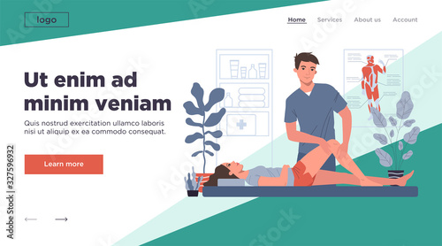 Massage therapist office. Man massaging woman leg and knee flat vector illustration. Sport massage, lifestyle, medicine concept for banner, website design or landing web page