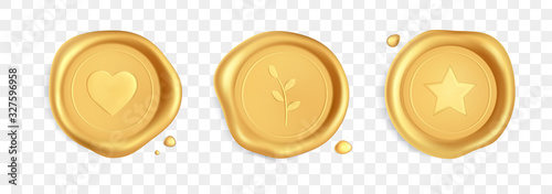 Wax seal with heart, branch and star. Gold stamp wax seal with heart, branch and star isolated on transparent background. Golden stamps for a postcard, a wedding invitation card. Realistic 3d vector