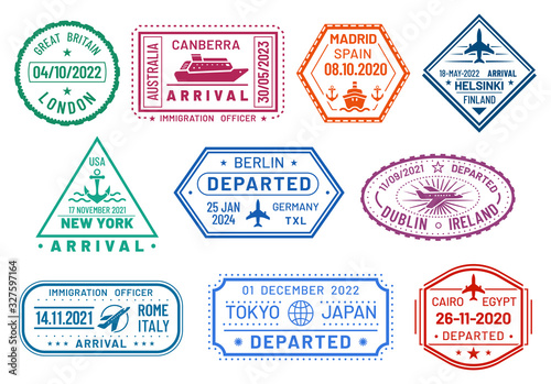 Passport visa stamps set, arrival and departure