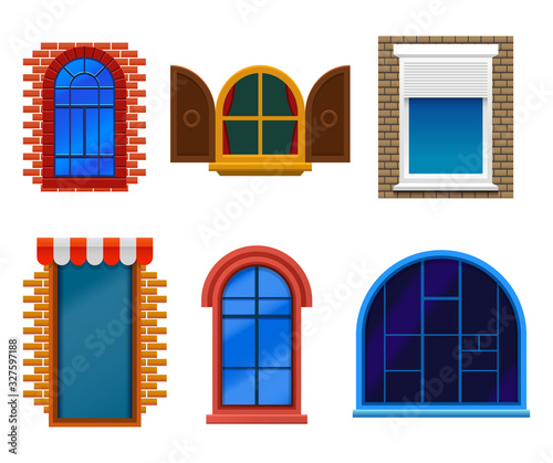 Flat windows set, wooden, plastic, modern and old