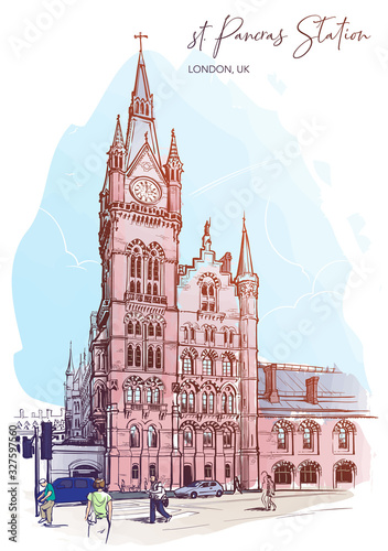 St. Pancras railway station, London, UK. Watercolor painted sketch. Vintage design. Travel sketchbook drawing. EPS10 vector illustration